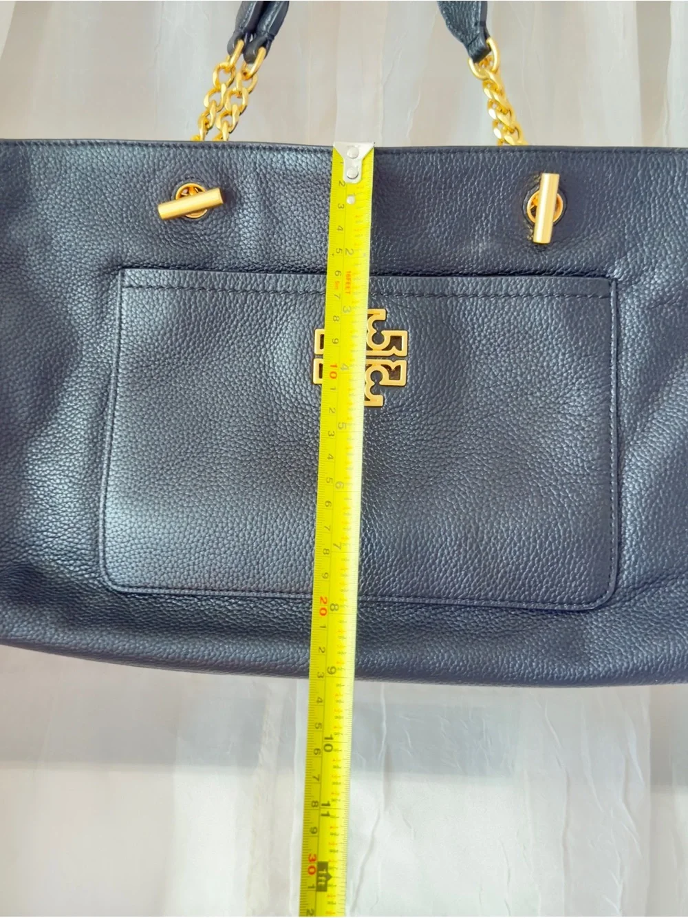 Tory Burch Black Pebbled Leather Tote with Gold Logo